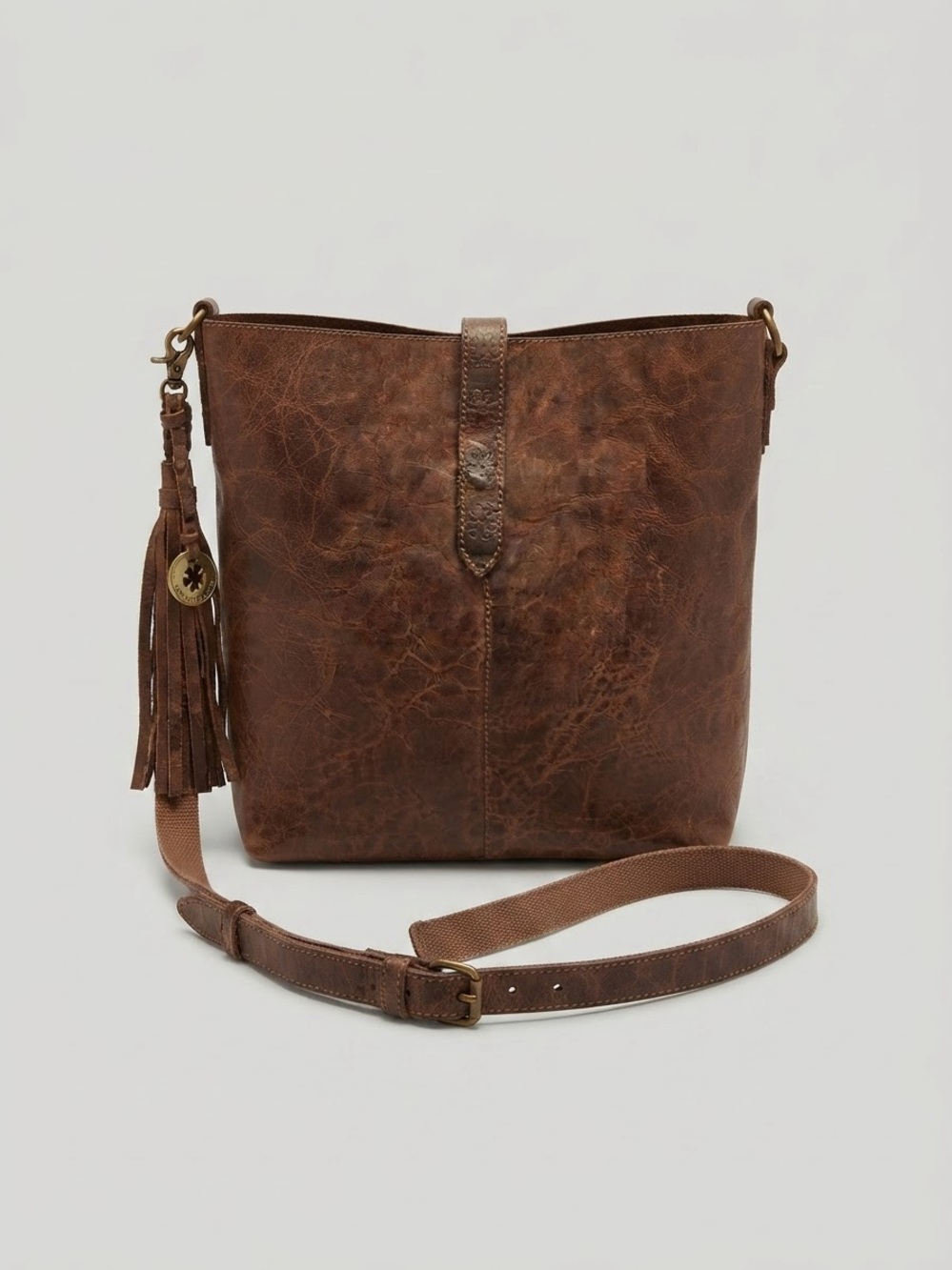 Lucky Brand Distressed Brown Leather Bucket Boho Tassel Crossbody